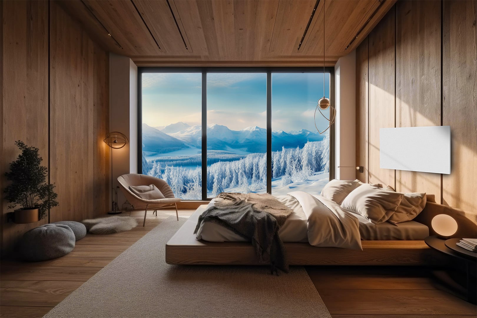 Infrarotheizung montiert auf Holzwand im Schlafzimmer